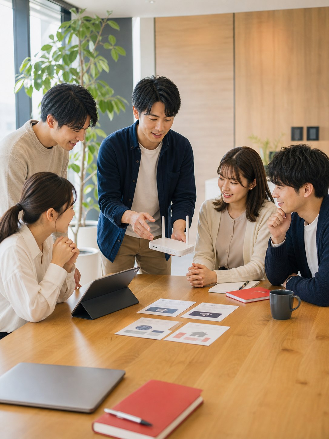 オフィスカジュアルのスタッフが通信サービスの説明を学ぶ研修風景