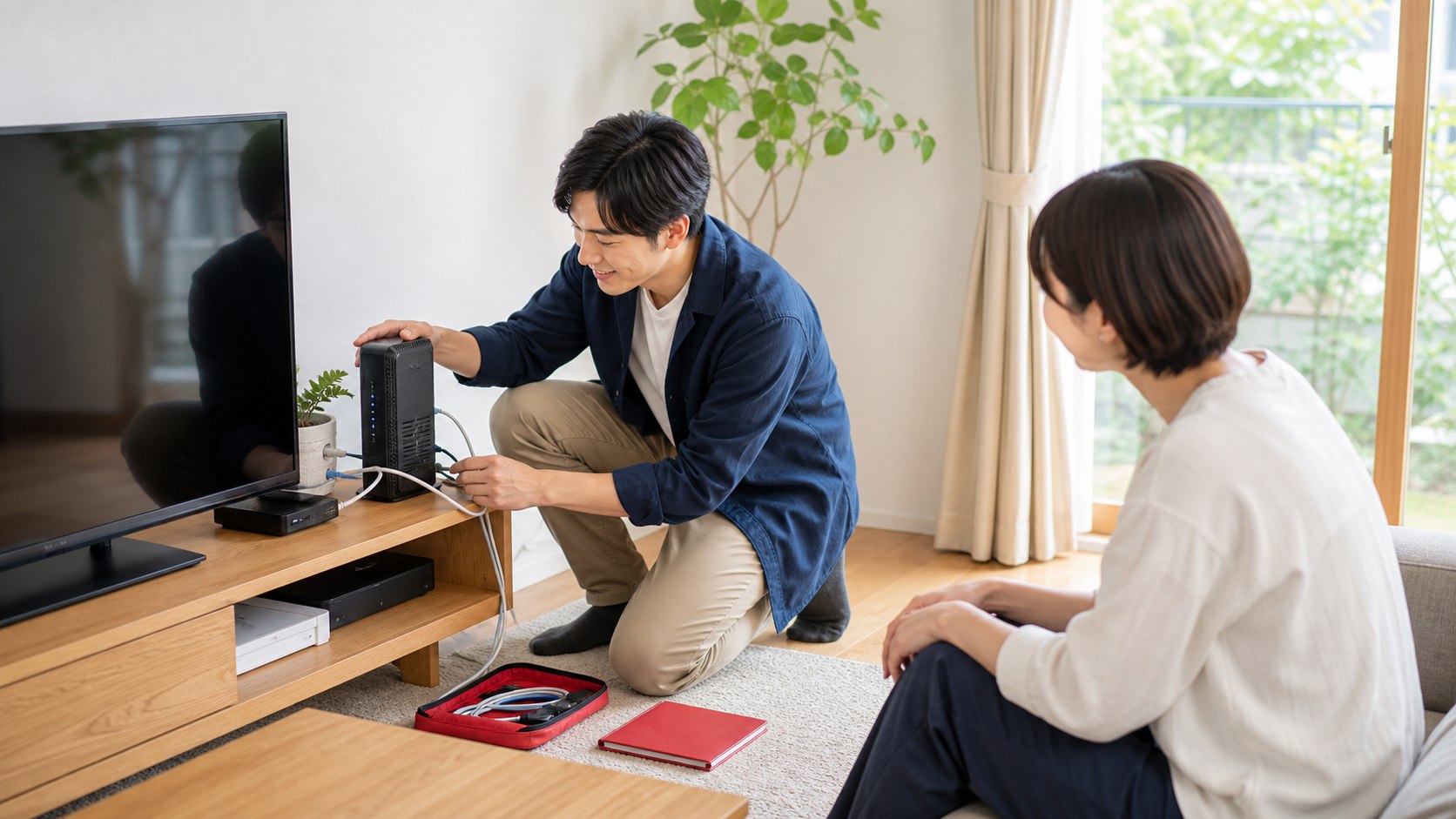 通信機器を確認するオフィスカジュアルのスタッフ