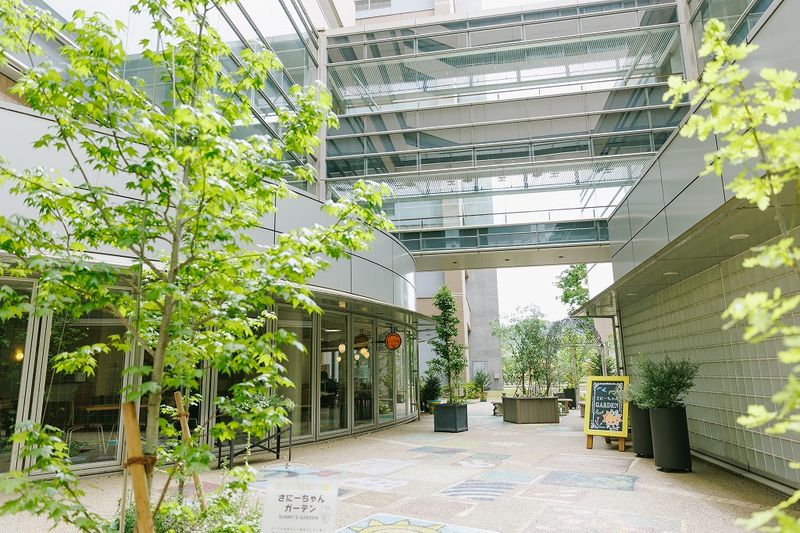 緑に囲まれた岡山医療センターの建物間回廊