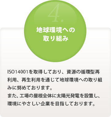 [地球環境への取り組み] ISO14001を取得しており、資源の循環型再利用、再生利用を通じ地球環境への取り組みに努めております。また、工場の屋根全体に太陽光発電を設置し、環境にやさしい企業を目指しております。
