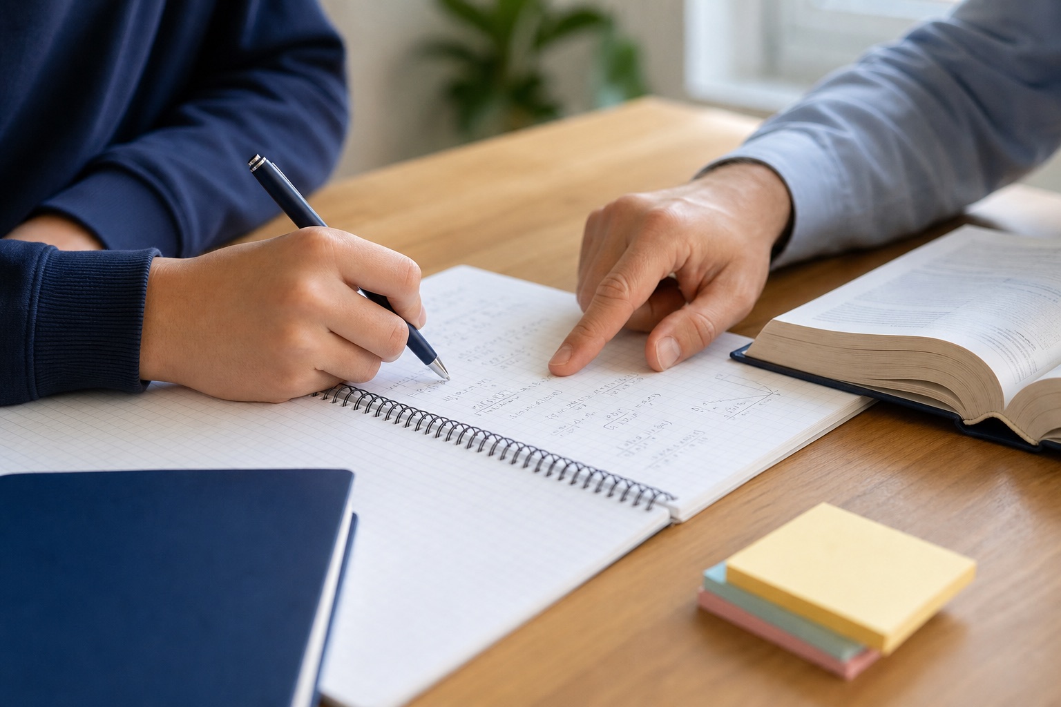 家庭教師の授業。ノートに書き込む生徒の手元と、隣から指し示す教師の手