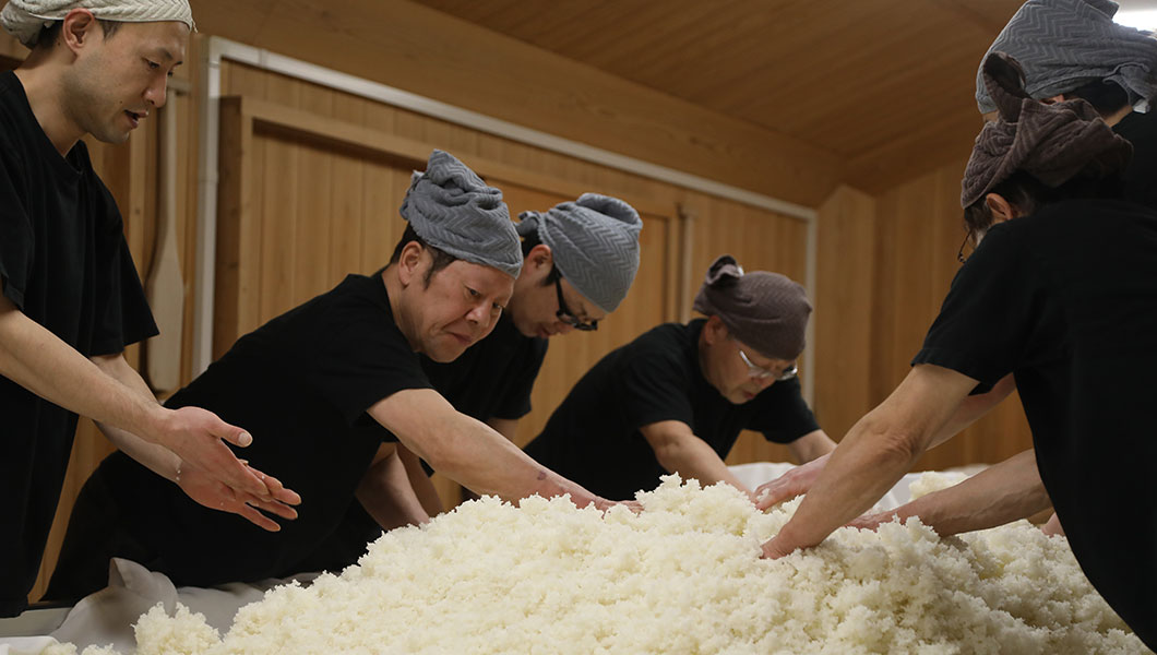 公式「日本で一番笑顔あふれる蔵」ページに掲載された、蔵人が麹を扱う酒造りの現場