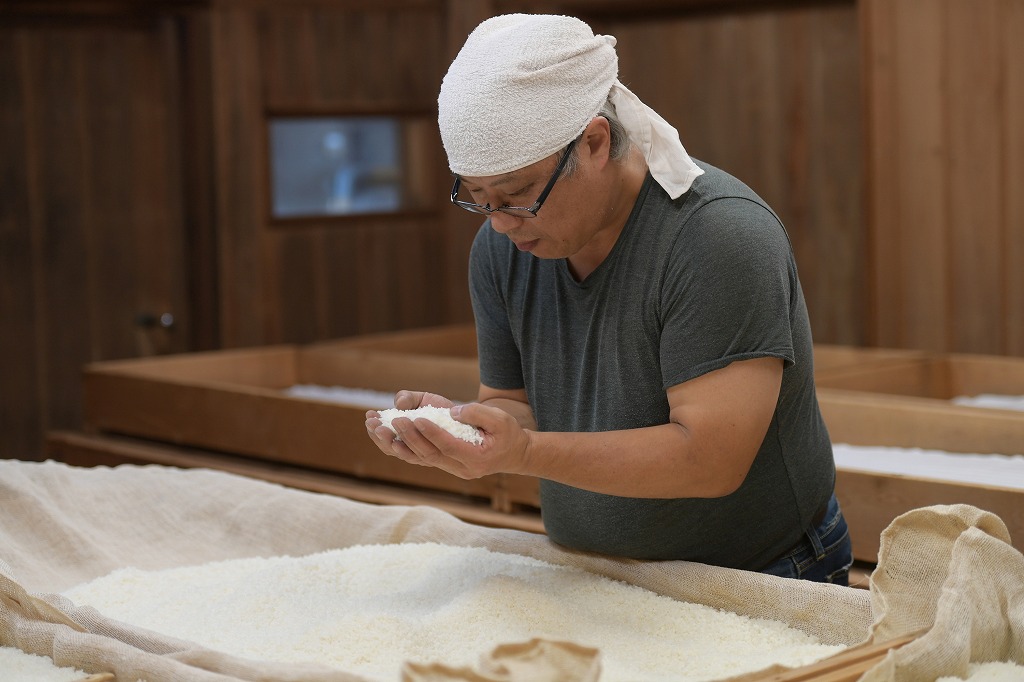 公式蔵元紹介に掲載された米麹を確認する蔵人