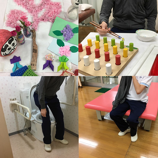 季節の制作、テーブル活動、立位練習、訓練室の様子を収めた院内活動写真
