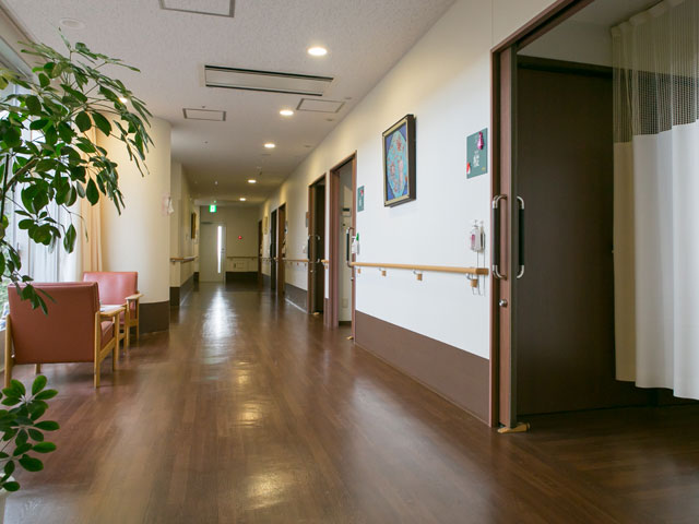 椅子と植物を配したホスピス聖霊の廊下